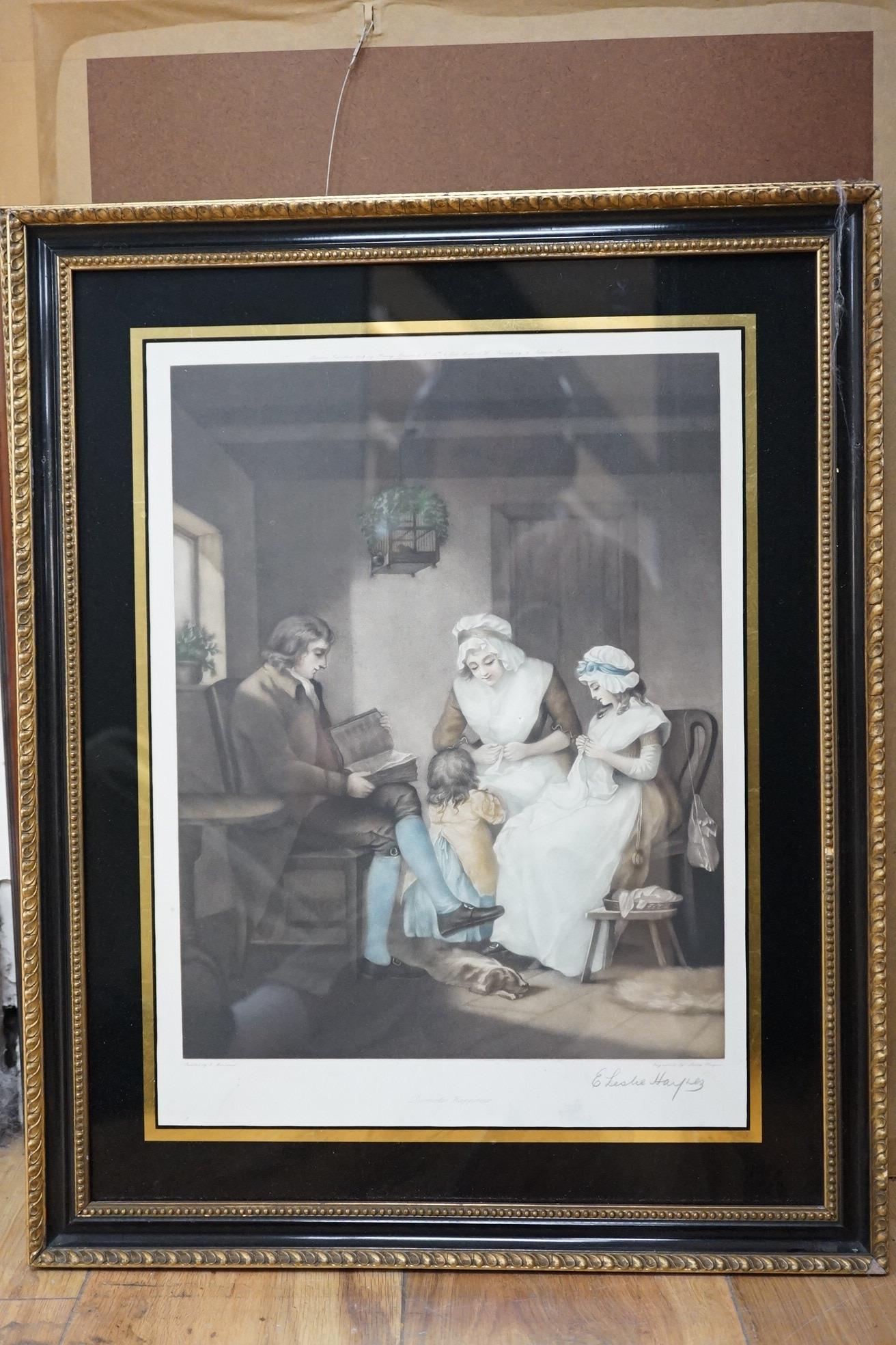A set of six colour engravings after George Morland (1783-1804), to include the ‘Virtuous parent’ and ‘The Elopement’, together with a pair of colour prints depicting the Battle of Waterloo. Condition - varies